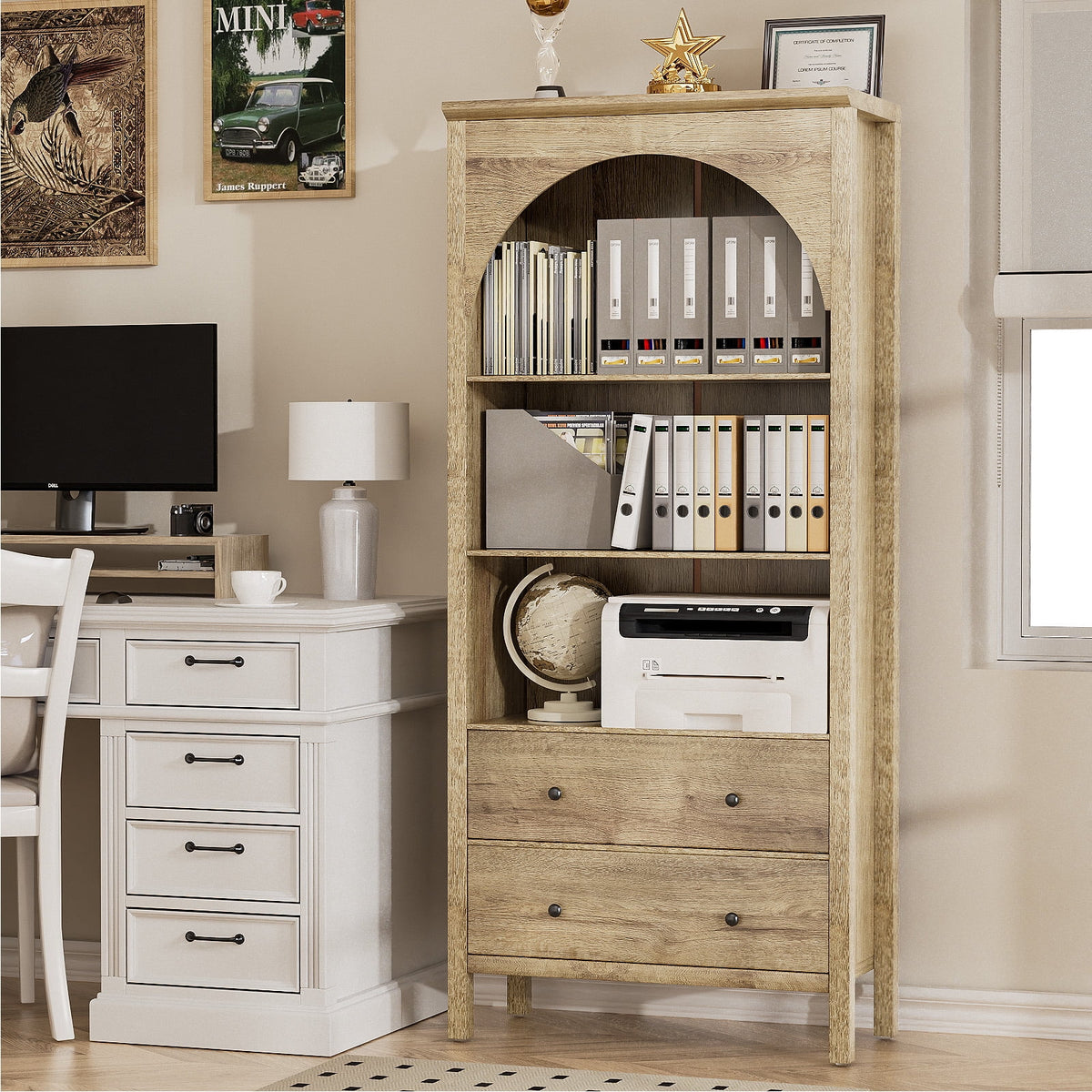 Arched Bookcase, Oak Arched Cabinet with Drawers, 71" Tall China Curio Cabinet, Display Cases for Collectibles, Vintage Bookshelf for Ding Room, Bedroom, Living Room