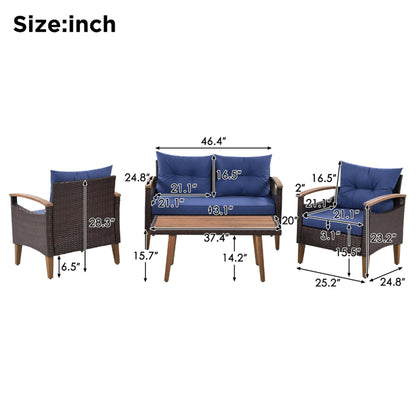 4 Piece Garden Furniture Set, Patio Seating Set with Wood Table, PE Rattan Sofa and 2 Chairs, Outdoor Conversation Set with Table Cover, Pillows and Adjustable Feet, Brown+Beige