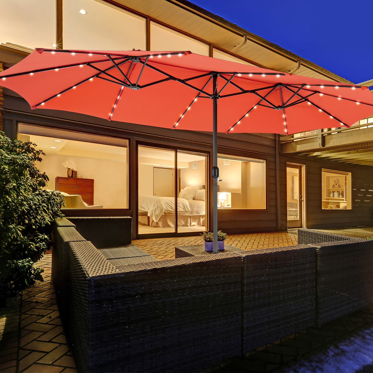 Costway 15FT Twin Patio Double-Sided Umbrella 48 Solar LED Lights Crank Outdoor Beige