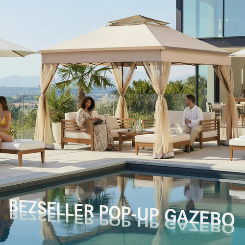 Bezseller 11x11 Pop up Gazebo, Outdoor Waterproof Canopy Tent with Mosquito Netting for Outdoors, Khaki