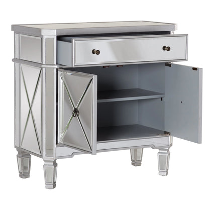 Powell Deville 2-Door Single Drawer Indoor Console Table with Shelves, Mirrored Surfaces and Luxe Silver Wood