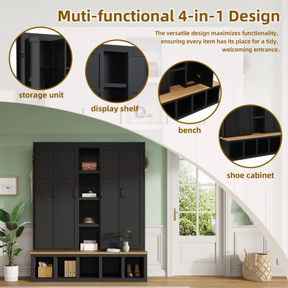 63" Farmhouse Hall Tree with Bench and Shoe Storage, 4-in-1 Entryway Bench with 4 Storage Cabinets, 5 Shoe Cabinets and 6 Hanging Hooks, Black