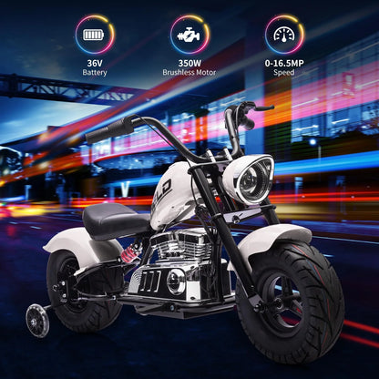 Towallmark 36V Kids Electric Dirt Bike, 350W Off-Road Motorcycle, Max 16.5 Mph, Ride On Electric Motorcycle with Removable Training Wheels, Spring Suspension, Leather Seat, Led Light,Music