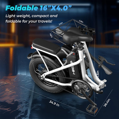 Electric Bike for Adults Step-Through Ebike with 16" Fat Tire, To Speed 19.9 MPH, 48V 13AH Removable Battery, E-Mountain Bicycle with Back Seat & Front Basket, UL2849 (White)