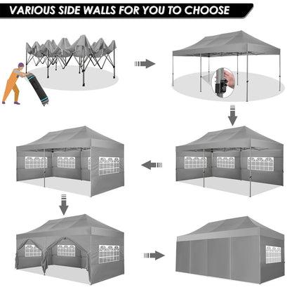 COBIZI 10x20 Heavy Duty Pop up Canopy Tent with 6 sidewalls Easy Up Commercial Outdoor Canopy Wedding Party Tent for Beach All Season Wind & Waterproof Gazebo with Roller Bag,Black(Frame Thickened)