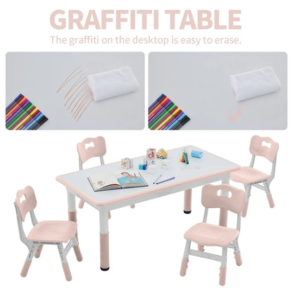 Toddler Table and Chairs Set for 4, 47.2''L x 23.6''W Kids Study Table and Chair Set, Height-Adjustable, Graffiti Desktop, Children Activity Table for Daycare, Classroom, Home