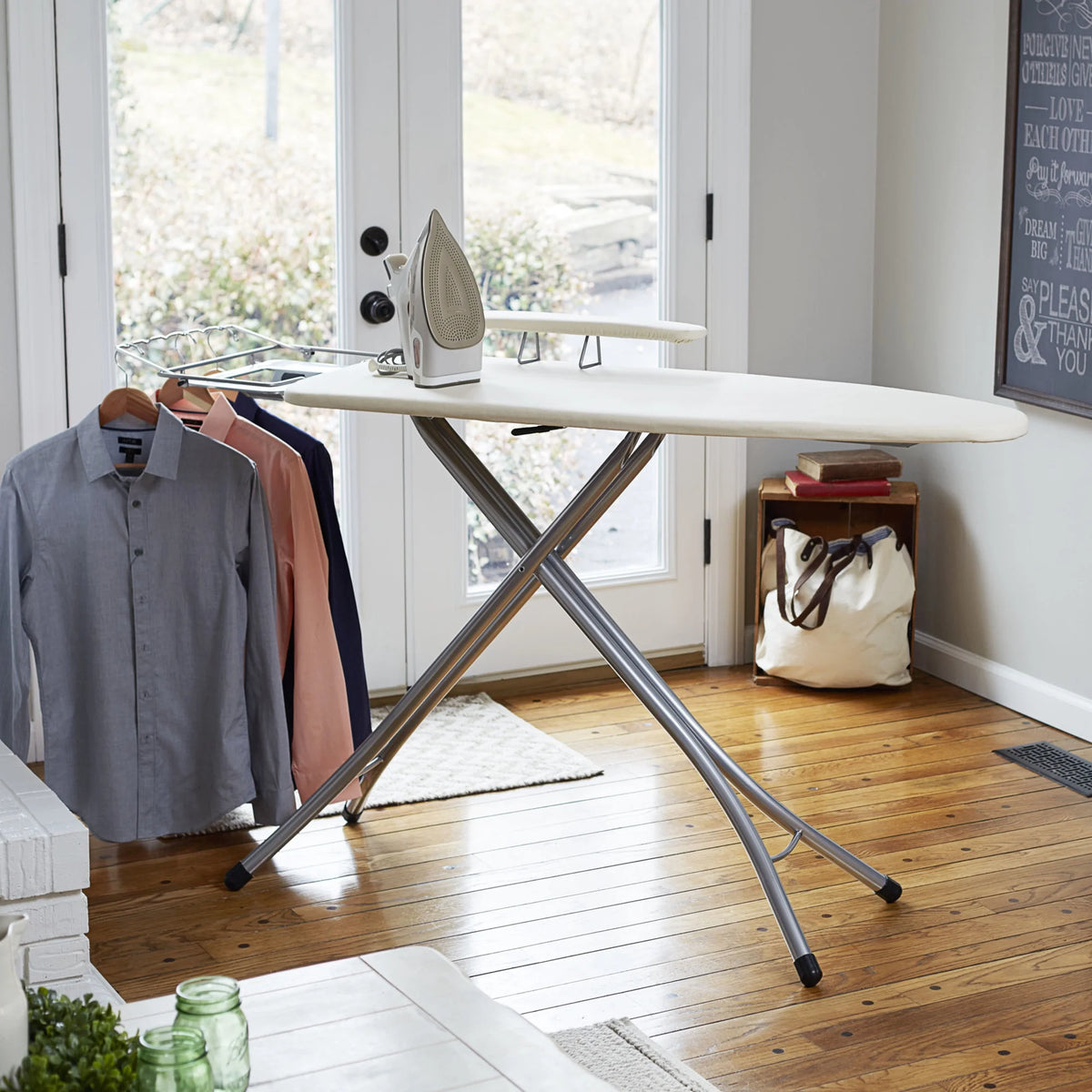 Household Essentials Wide Mega Ironing Board 4-Leg, Steel Top Pressing Station, Heat-Resistant Fiber Pad and Cotton Cover, Includes Sleeve Board and Iron Rest with Hanger Bar, Silver Frame