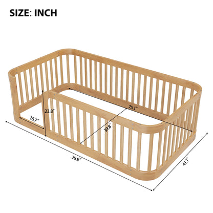 Euroco Twin Size Floor Bed with Fence for Kids Teens and Toddlers, White