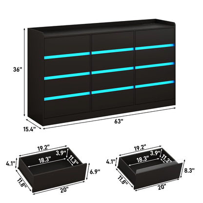 9 Drawer Dresser for Bedroom with Power Outlet, 63" Large Dresser with LED Light, Wooden Dresser For Closet, Chest of Drawers with Raised Edges