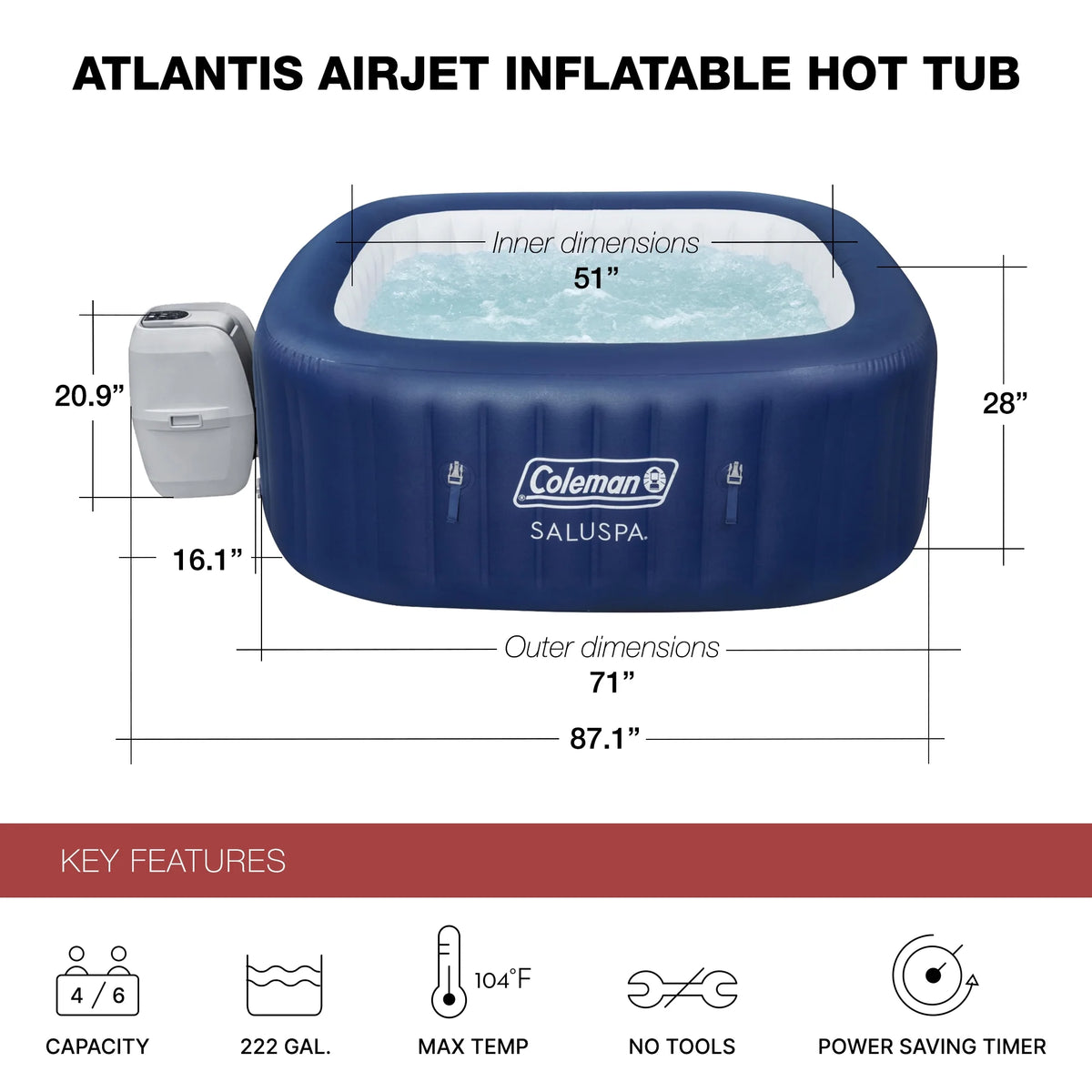 SaluSpa LED Spa Waterfall Accessory w/Coleman Atlantis Inflatable Hot Tub