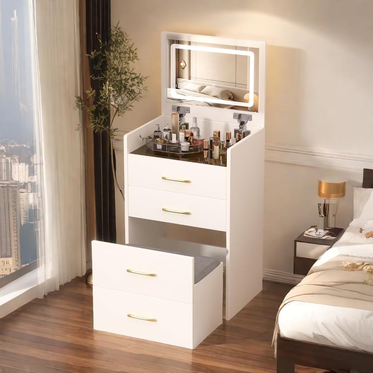 Montary Modern Mini Vanity w/Adjustable LED Mirror + Hidden Storage, Padded Stool & Dustproof Shelves (White)