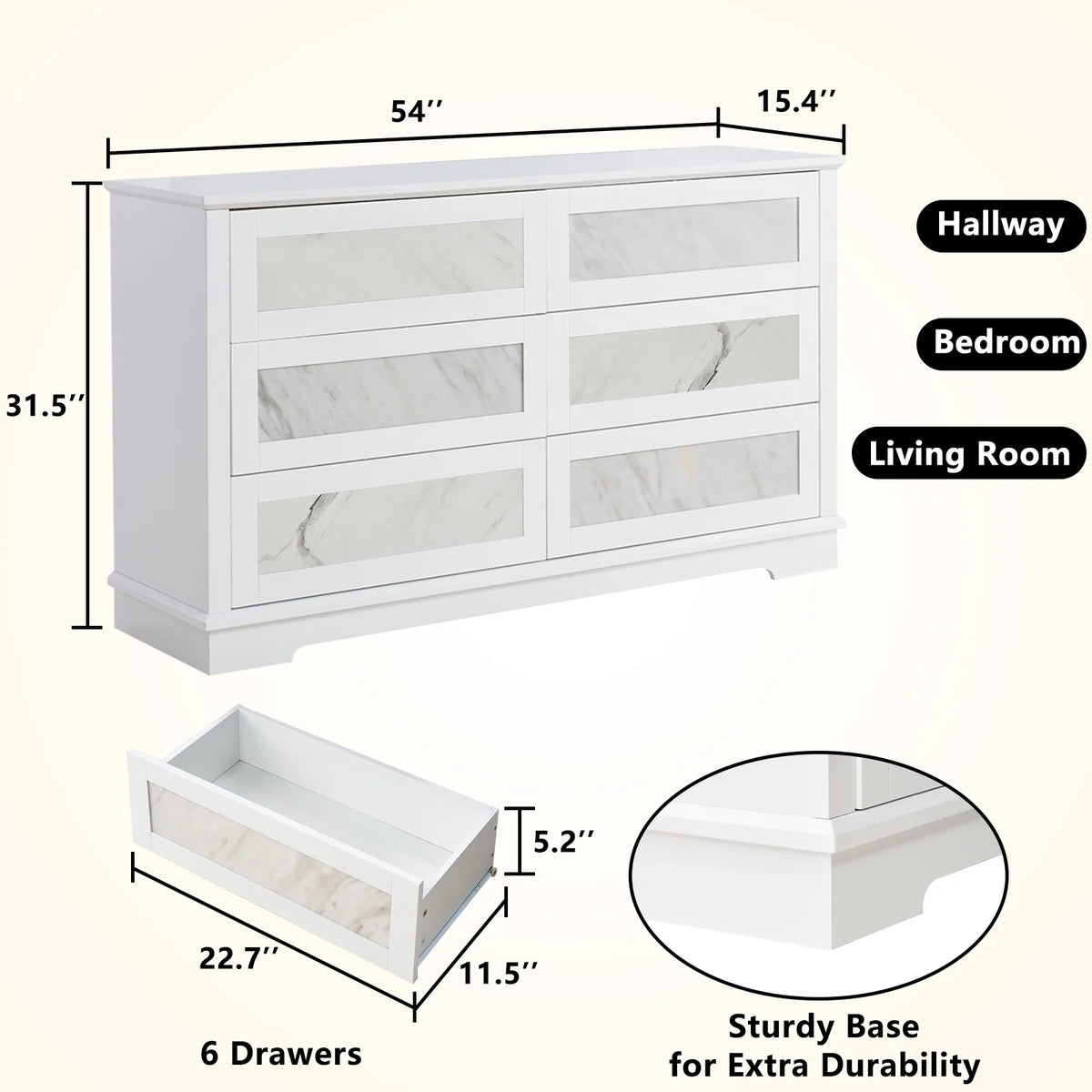 LUXOAK High-Gloss 6 Drawer Dresser, 54" Marble Chest of Drawers, Modern, White