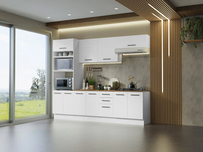 Madesa Full Set Hazel Kitchen Storage Cabinet 107 Inch Wooden Organization Unit with Multiple Compartments Engineered Wood Slab Doors Painted Finish Floor Mount Removable Plinth - White/Brown