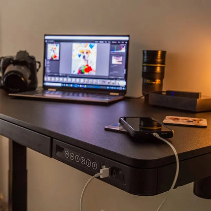 FLEXISPOT 48" W Home Office Height Adjustable Standing Desk White and Maple with USB Charge Ports and Embedded Drawer