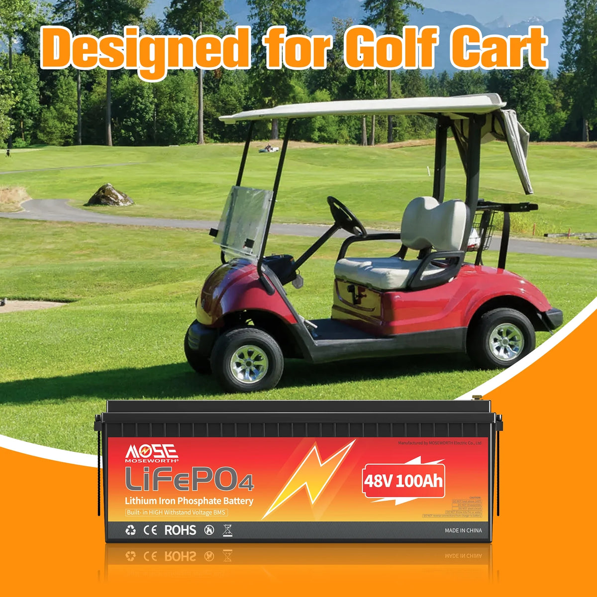 48V 100Ah Golf Carts LiFePO4 Battery,200A BMS,MOSEWORTH Lithium Batteries  with Charger,for RV,Solar,Trolling Motor,Marine,15000+Deep Cycles,2C Rate Discharging