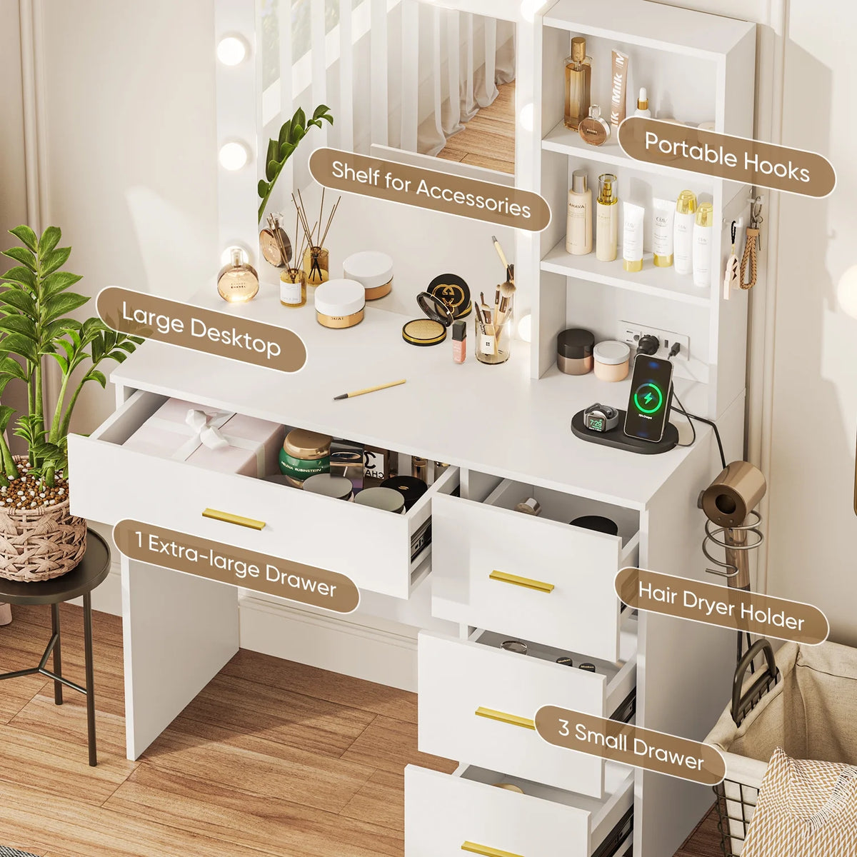 Makeup Vanity with Mirror and 3 Color Lights,Vanity Dressing Table with USB Charging Station,4 Drawers,Open Storage Shelves,White