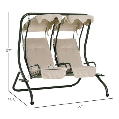 Outsunny 2-Seat Modern Steel Canopy Porch Swing with Cup Holder and Cushions, Beige/Black