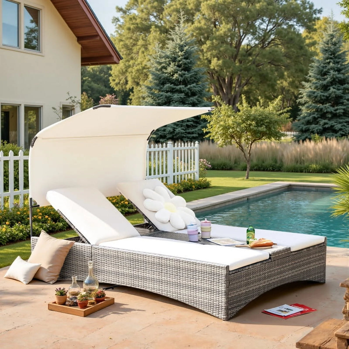 Devoko Rattan Double Lounge Chaise, Adjustable Backrest Daybed with Sunshade and Cup Holder for Deck, Poolside, Balcony,beige