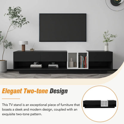 Modern TV Stand for 80 Inch TV, ON-TREND Sleek Two-Tone Media Console, Functional Storage Cabinet with Open & Hidden Compartments, Particle Board, Living Room Furniture, White