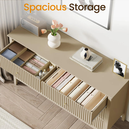 Heynemo Beige 6 Drawer Dresser, Fluted Modern Wood Chest
