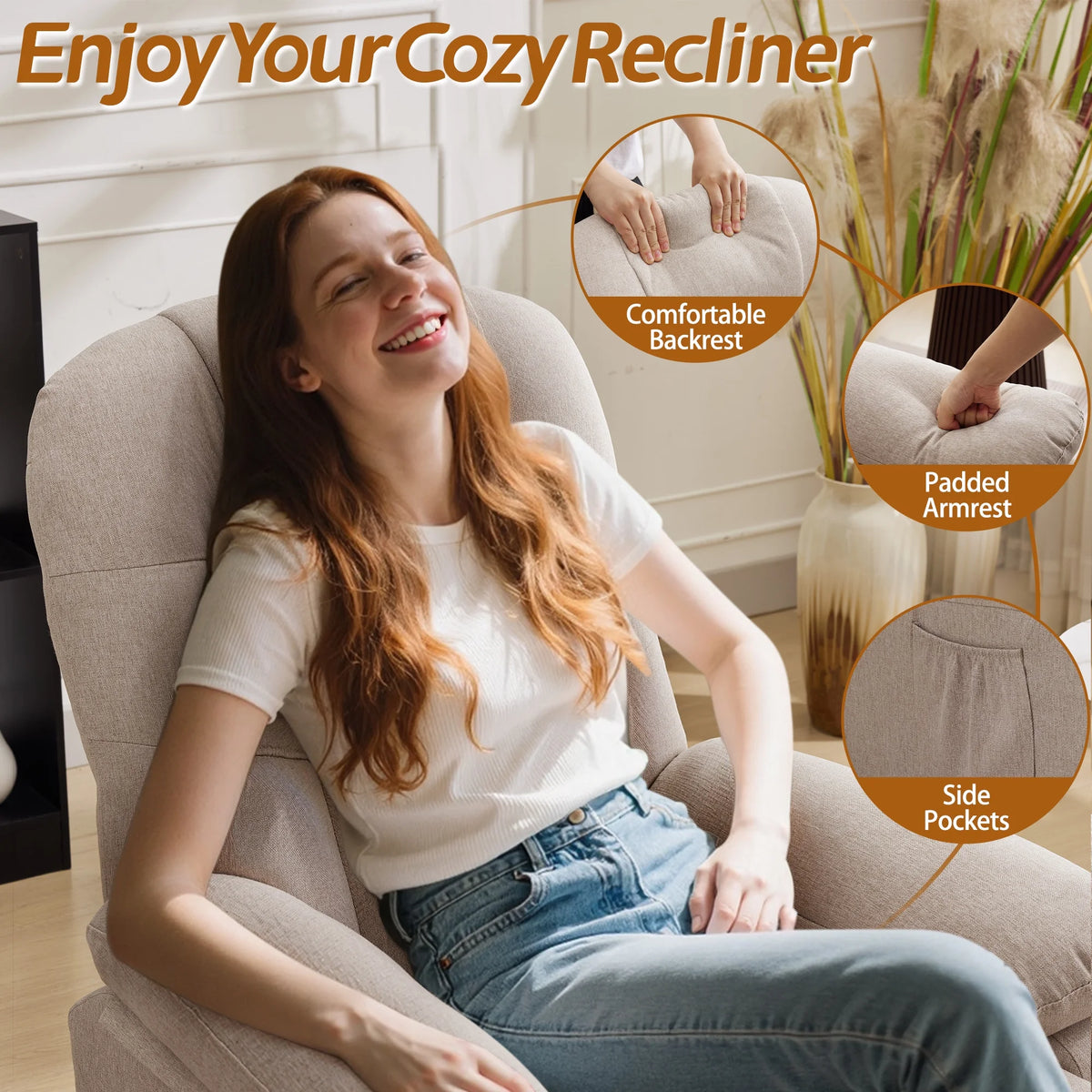 Korser Manual Swivel Rocker Recliner Chair for Living Room,Small Recliner Sofa for Small Spaces,Linen Fabric,Dark Black