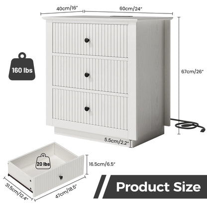 IDEALSOUL Nightstand Set of 2, 24" Wide End Table with Storage, Fluted Nightstand with USB Charging Station, Large 3 Drawers nightstand for Bedroom Living Room(2pc, White)