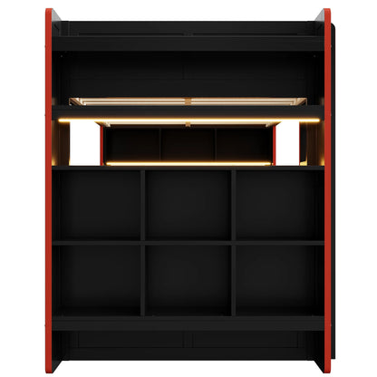 Euroco Wood Full Size Loft Bed with Desk and Shelves, Gaming Bunk Bed with LED Light and USB Charging, Black