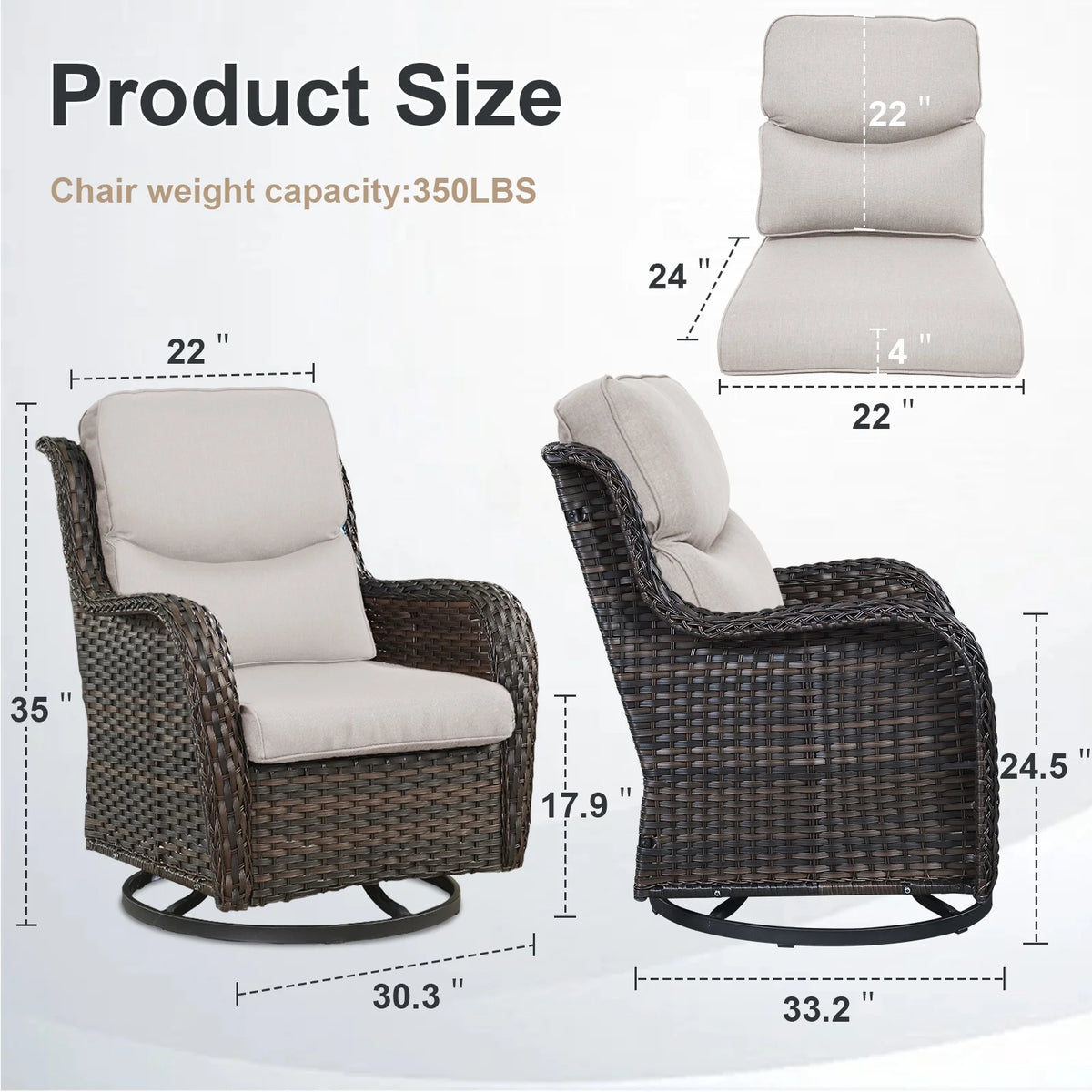POCASSY Patio Swivel Chairs, Outdoor Wicker Swivel Glider Rocking Chairs with High Back and Thick Cushions for Porch Deck - Set of 2, Beige