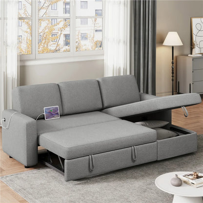 Alden Design Reversible Sectional Sofa with USB & Type-C Ports for Livingroom, Light Gray