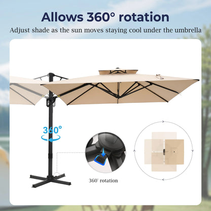 Alpha Joy 12x9ft Outdoor Patio Umbrella Large Rectangle Offset Cantilever Double Umbrella with 360°Rotation, Beige