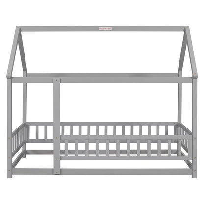 Twin Size House Bed for Boys and Girl, Wooden Canopy Bed Tent Bed, Playhouse Design Bed Frame with Full-lenth Guardrail, Bedroom Furniture, 79.5��L x 44.8��W x 66.2��H, White