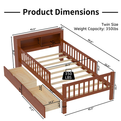 Euroco Wood Twin Size Platform Bed with Storage Headboard and Drawers, Low Profile Bed with Guardrails for Kids and Toddlers, White