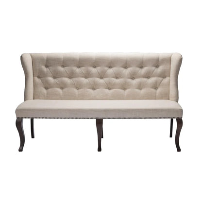 Cappuccino Wood Dining Bench Upholstered with Beige Linen Fabric