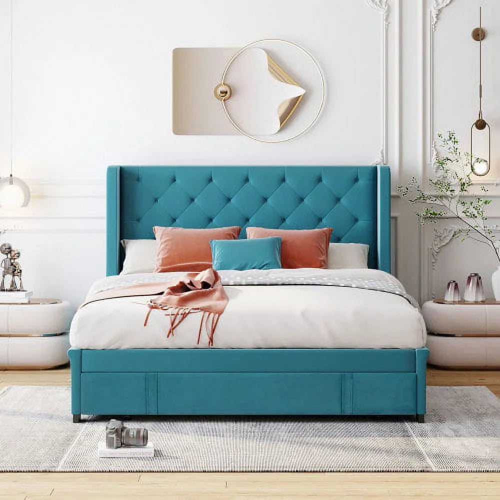 Queen Bed Frame with Storage Drawer, Velvet Upholstered Storage Bed, Wood Platform Bed Frame with Wingback Headboard and a Big Drawer(Beige)