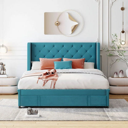 Queen Bed Frame with Storage Drawer, Velvet Upholstered Storage Bed, Wood Platform Bed Frame with Wingback Headboard and a Big Drawer(Beige)