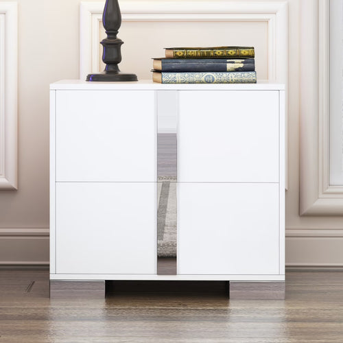 Elegant Nightstand with Metal Handle, Mirrored Bedside Table with 2 Drawers for Bedroom, Living Room, End Sofa Side Table for Living Room, Office, White