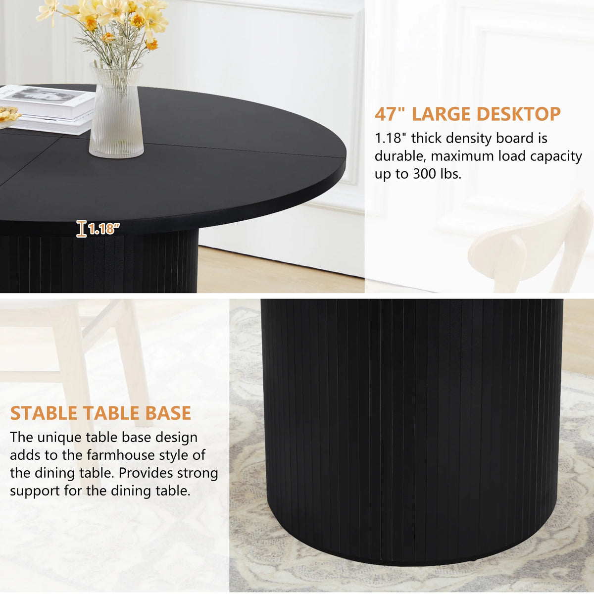Wirrytor Round Dining Table, Modern Farmhouse Kitchen Table, 47 Inch Coffee Circle Dining Tables with Wood Strip Base for Kitchen Living Room, Black