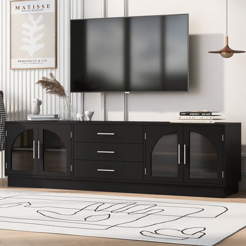 TV Stand for 75 Inch TV, Entertainment Center with Storage Cabinets and 3 Drawers, Media Console Cabinet with Adjustable Shelves and Glass Doors for Living Room, Black