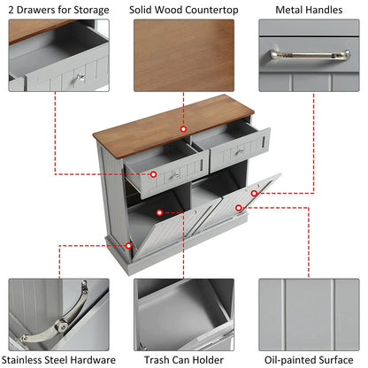 KIGOTY Dual Kitchen Trash Cabinet, Double Tilt Out Trash Can Cabinet with Countertop and Drawer, Free-Standing Pet Proof Recycling Cabinet Garbage Can Holder, Wood (White)