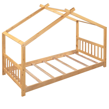 Euroco Wood House-Shaped Twin Platform Bed for Kids, Low Profile House Bed, No Box Spring Needed, Wood Color