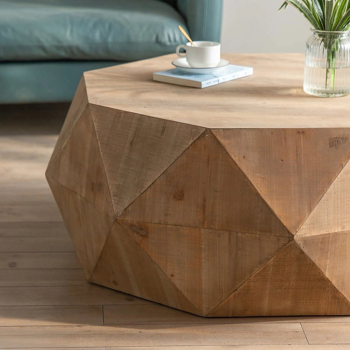 38"Three-dimensional Embossed Pattern Coffee Table, Octagon Coffee table, American Retro Style Coffee Table for Office, Dining Room and Living Room, Nature