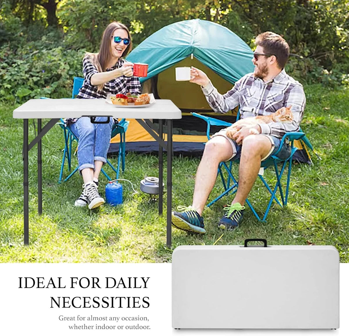 AJP Distributors 6 Foot Portable Plastic Folding Table 6FT 72" Half Foldable Heavy Duty Top w/Carry Handle - Indoor Outdoor Camping Picnic Party Wedding Dining Office Event Meeting Black Wood Style