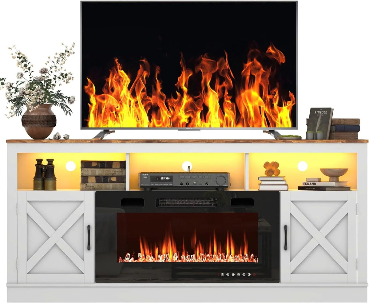 ChVans 70" Fireplace TV Stand for TVs up to 80" with 36" Electric Fireplace, Farmhouse Entertainment Center with LED, Wooden Media Console for Living Room, Bedroom