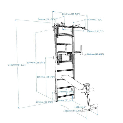 BenchK 733 White Wall bars with convertible steel 6-grip pull-up bar that can also be used as a barbell holder, dip bar with back support and advanced workout bench
