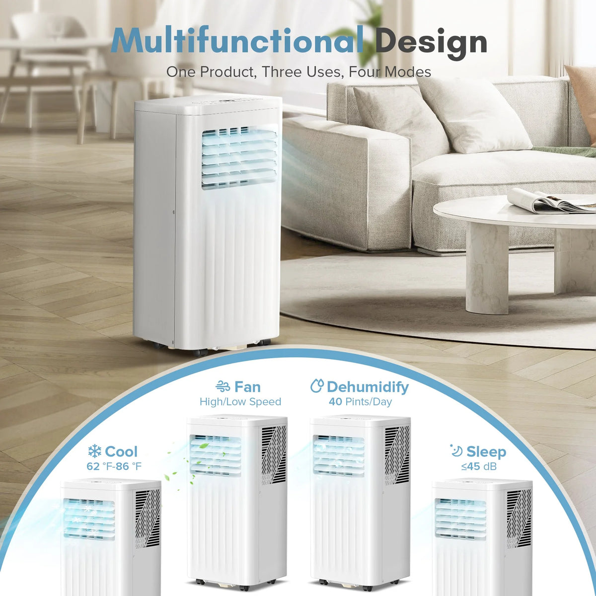 KISSAIR Portable Air Conditioner 8000 BTU Ashrae, 3-in-1 Portable AC, Dehumidifier & Fan with 24-Hour Timer/Remote Control/Windows Kit (White)