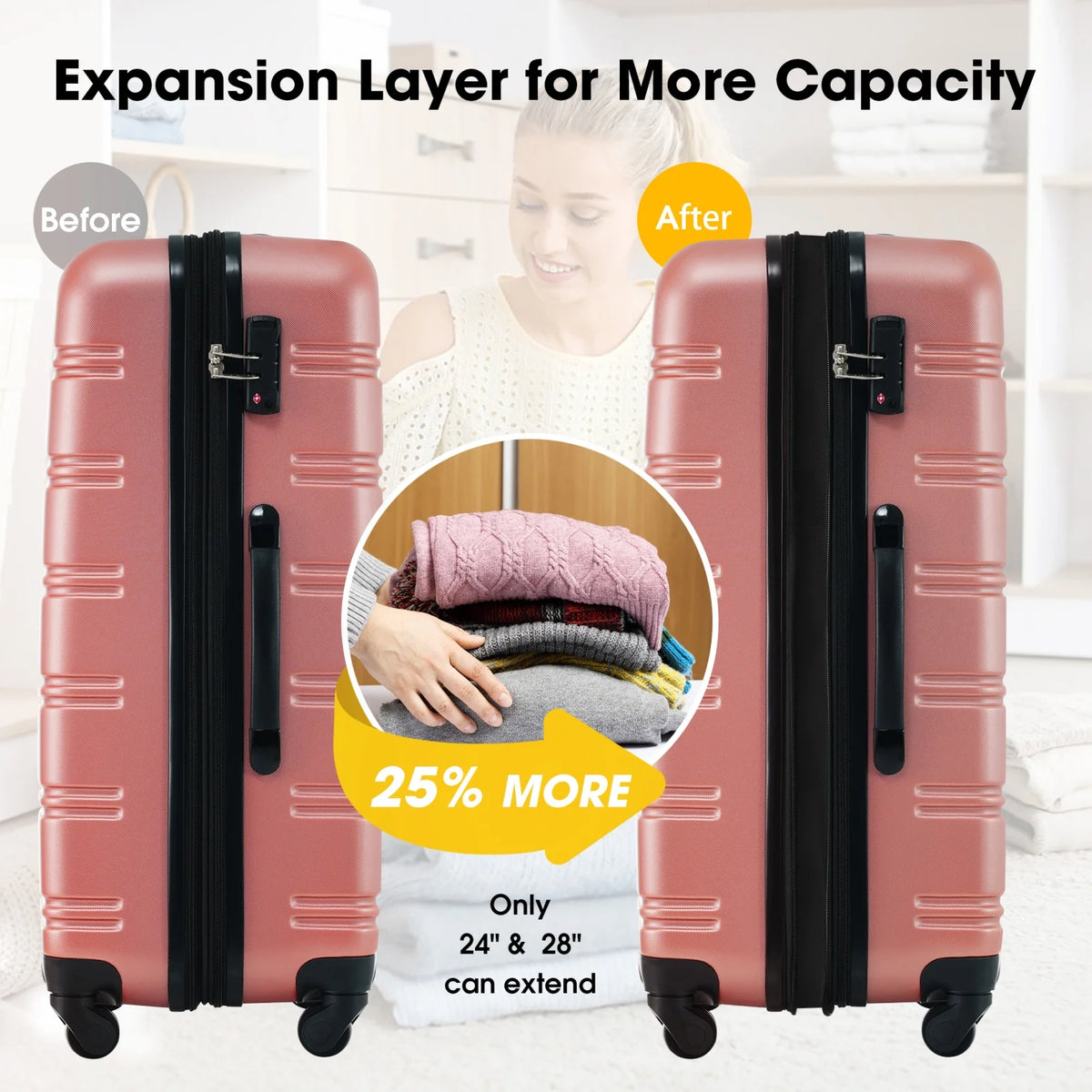 3 Piece ABS Luggage Set, Luggage with Spinner Wheel & TSA  20/24/28 inch, Purple