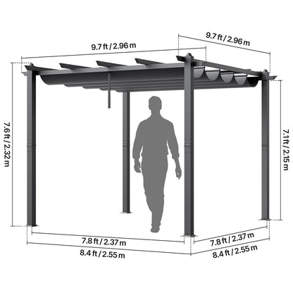 KFFKFF 10'x10' Aluminum Pergola, Outdoor with Retractable Sun Shade Canopy, Ideal for Patio, Garden, Deck, Backyard - Gray
