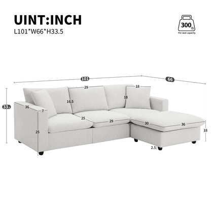 Harper & Bright Designs Modern Sectional Sofa 3 Seat Couch with Ottoman, Upholstered L Shaped Cloud Couch for Small Space Apartment Office, White