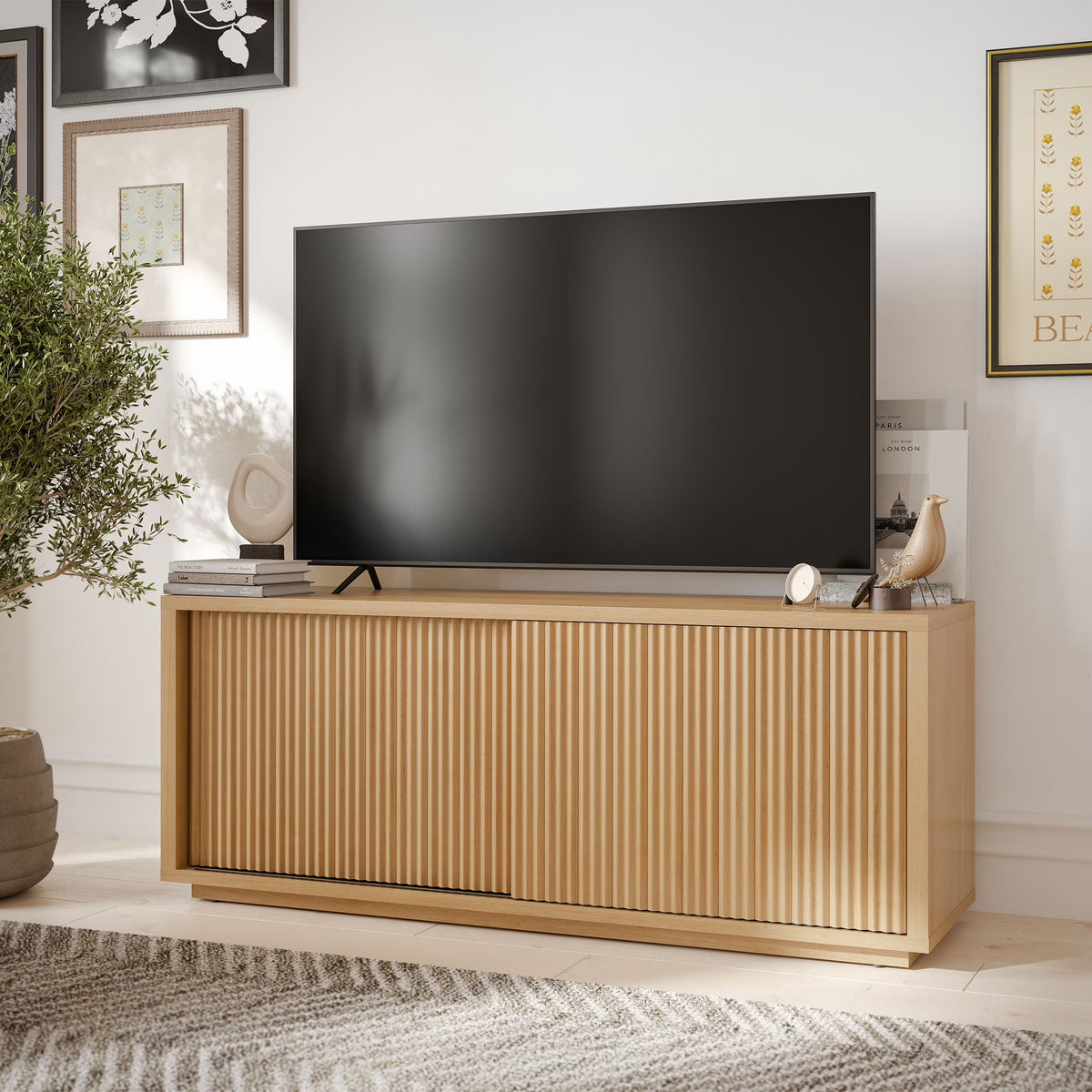 Beautiful Fluted TV Stand for TV��s up to 70�� by Drew Barrymore, Rich Black Finish