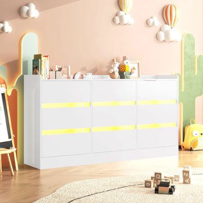 9 Drawer Dresser for Bedroom with Power Outlet, 63" Large Dresser with LED Light, Wooden Dresser For Closet, Chest of Drawers with Raised Edges